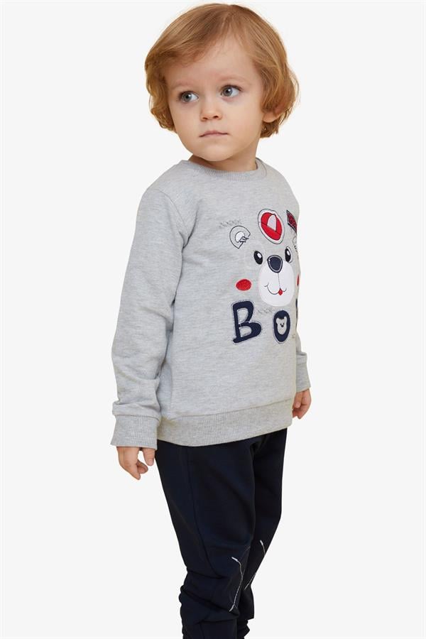 Baby Boy Tracksuit Set with Teddy Bear Design, Grey Melange (1-1.5 Years)
