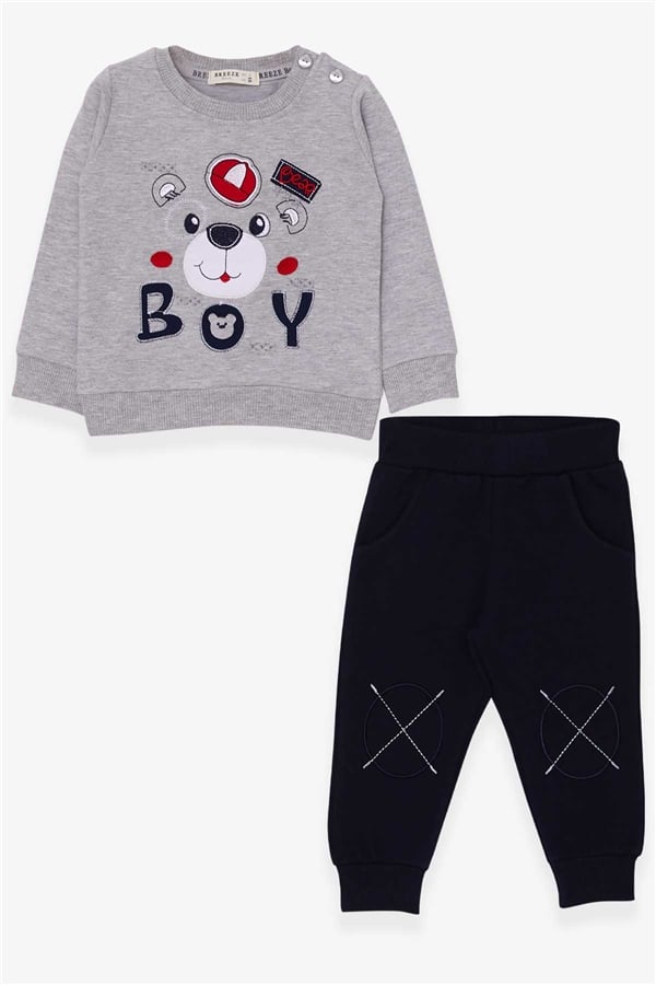 Baby Boy Tracksuit Set with Teddy Bear Design, Grey Melange (1-1.5 Years)