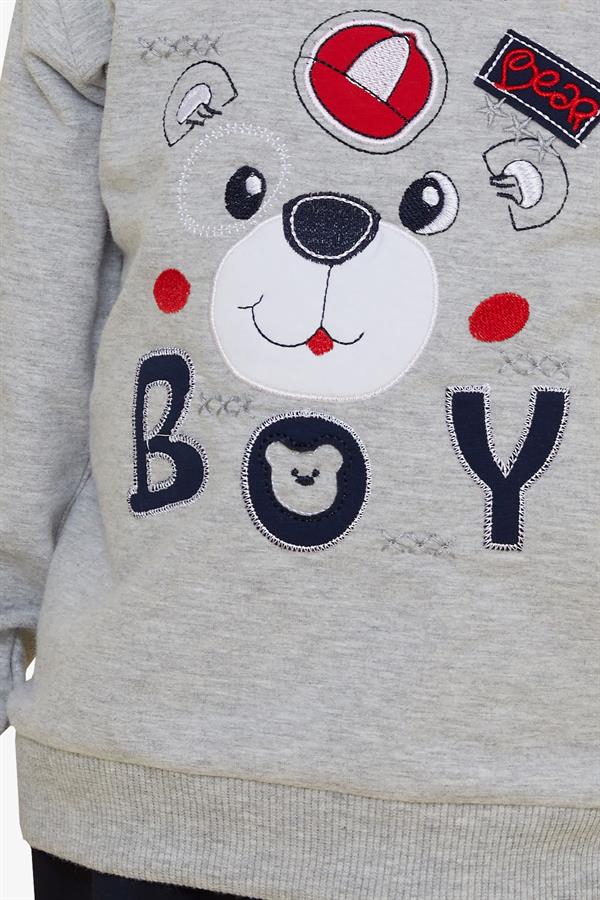 Baby Boy Tracksuit Set with Teddy Bear Design, Grey Melange (1-1.5 Years)