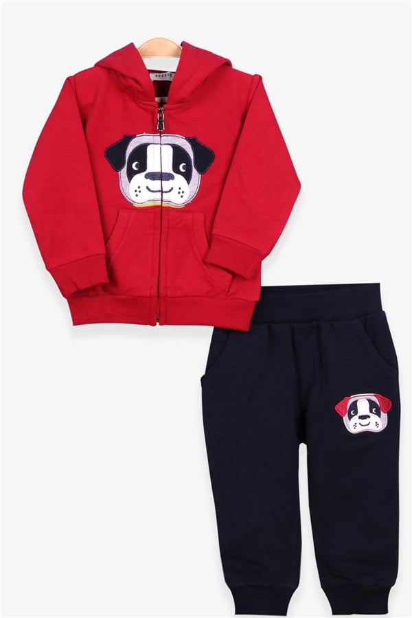 Boys' Tracksuit Set with Dog Embroidery, Burgundy (1-1.5 Years)