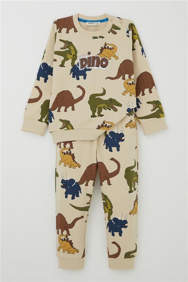 Boys' Tracksuit Set with Roaring Dinosaurs Design, Cream (1.5-4 Years)