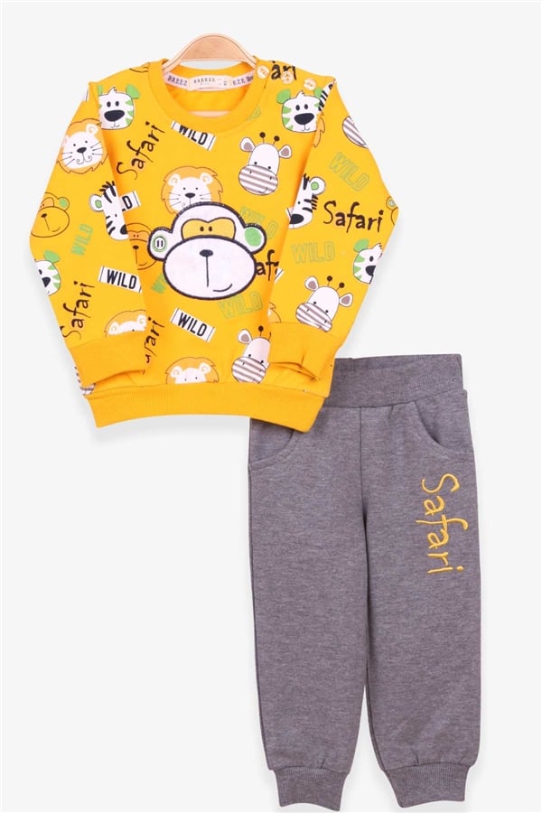Boys' Tracksuit Set with Monkey Embroidery, Yellow (1-1.5 Years)
