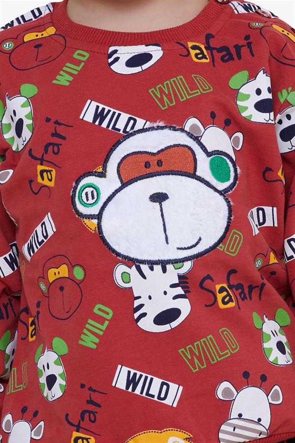 Baby Boy Tracksuit Set with Monkey Embroidery, Terracotta (1-1.5 Years)