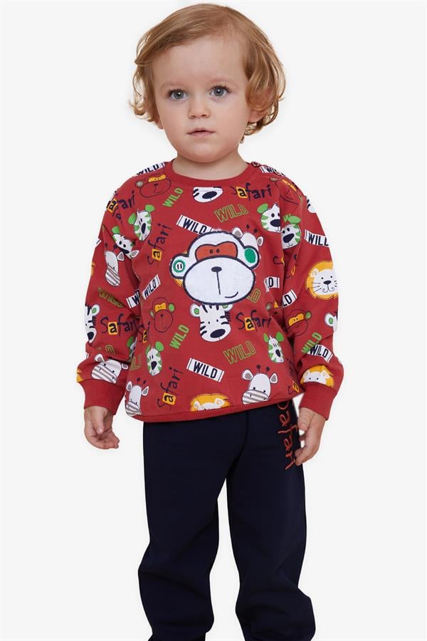 Baby Boy Tracksuit Set with Monkey Embroidery, Terracotta (1-1.5 Years)
