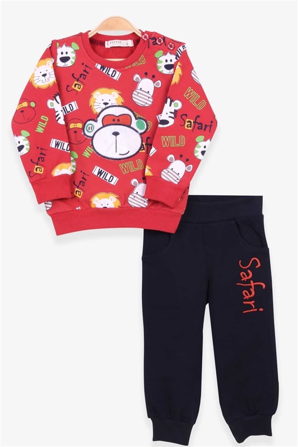 Baby Boy Tracksuit Set with Monkey Embroidery, Terracotta (1-1.5 Years)