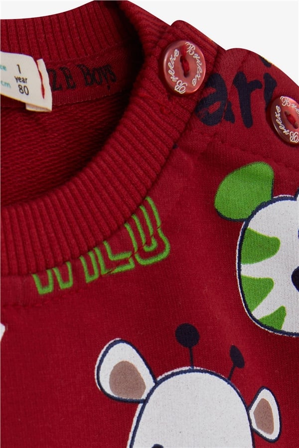 Boys' Tracksuit Set with Monkey Embroidery, Burgundy (1-1.5 Years)