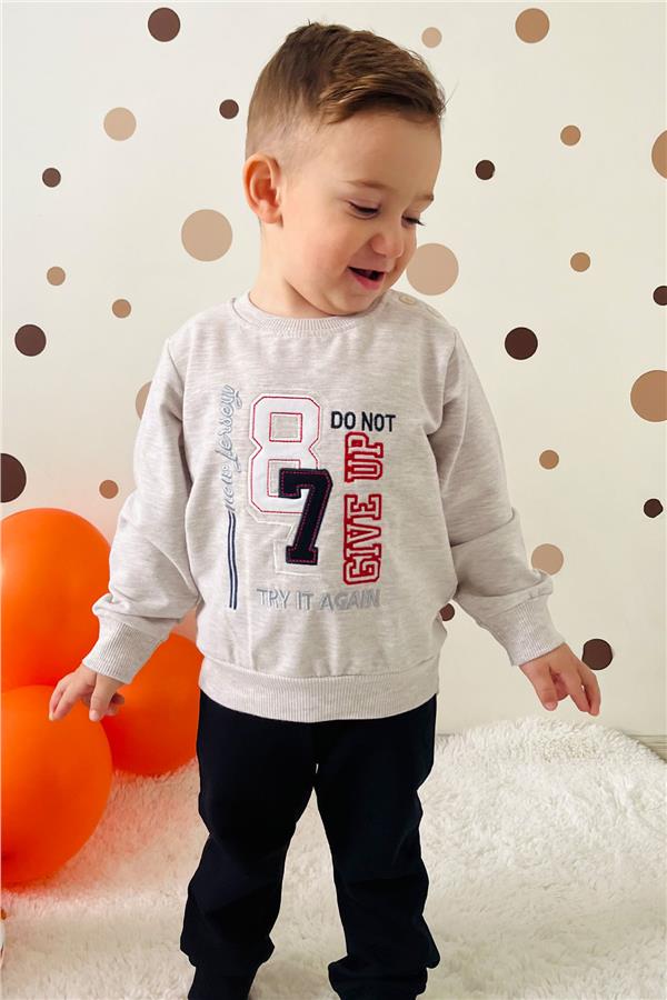 Baby Boy Tracksuit Set with Number Embroidery, Beige Melange (1.5 Years)