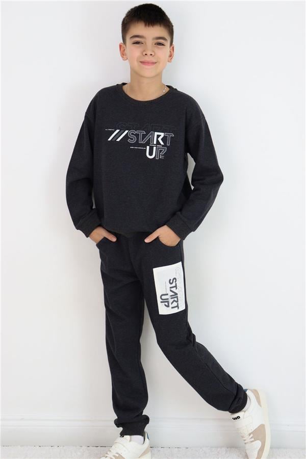 Boys' Tracksuit Set with Printed Trousers and Detailed Pattern, Dark Grey Melange (Ages 5-10)