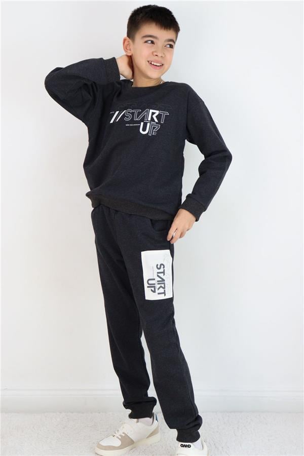 Boys' Tracksuit Set with Printed Trousers and Detailed Pattern, Dark Grey Melange (Ages 5-10)