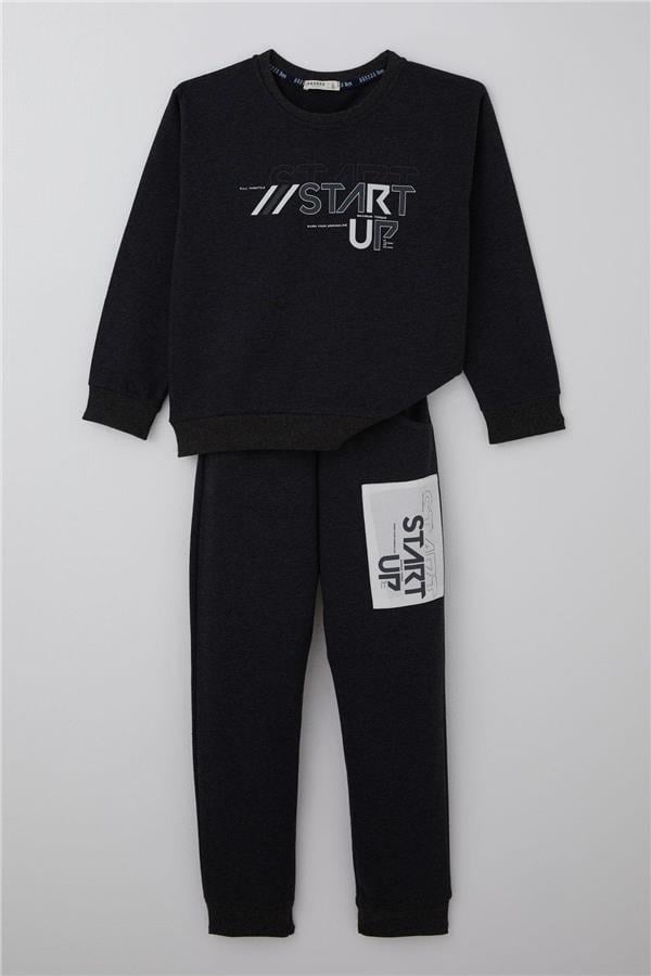 Boys' Tracksuit Set with Printed Trousers and Detailed Pattern, Dark Grey Melange (Ages 5-10)