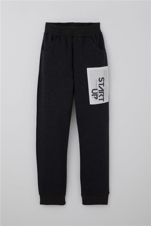 Boys' Tracksuit Set with Printed Trousers and Detailed Pattern, Dark Grey Melange (Ages 5-10)