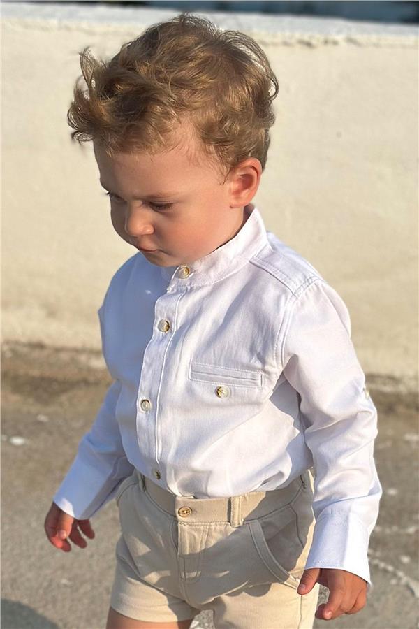 Boys' White Buttoned Shirt with Emblem (Ages 3-7)