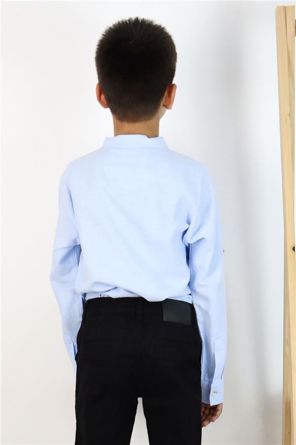Boys' Shirt with Letter Embroidery, Half Button Closure, Light Blue (Ages 8-12)