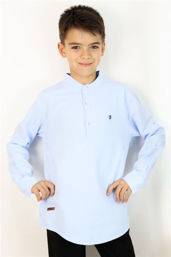 Boys' Shirt with Letter Embroidery, Half Button Closure, Light Blue (Ages 8-12)