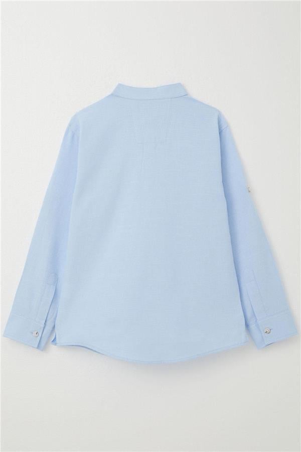 Boys' Shirt with Letter Embroidery, Half Button Closure, Light Blue (Ages 8-12)