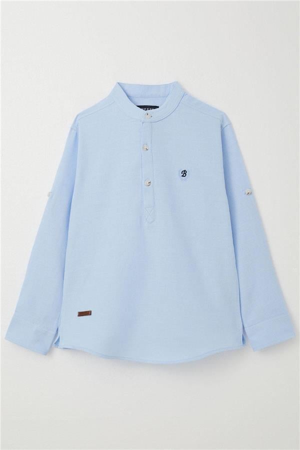 Boys' Shirt with Letter Embroidery, Half Button Closure, Light Blue (Ages 8-12)