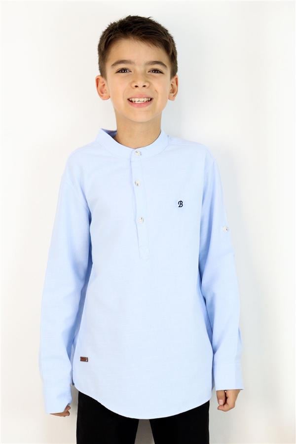 Boys' Shirt with Letter Embroidery, Half Button Closure, Light Blue (Ages 8-12)