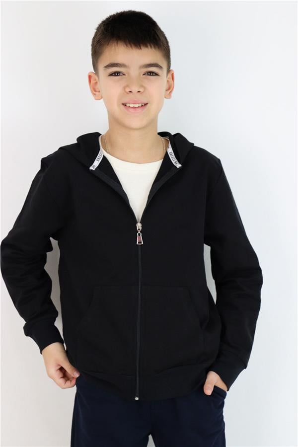 Boys' Basic Hooded Zip-Up Cardigan, Black (Ages 6-10)