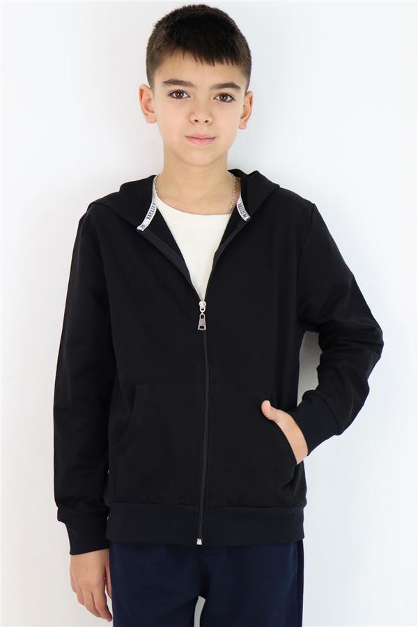 Boys' Basic Hooded Zip-Up Cardigan, Black (Ages 6-10)