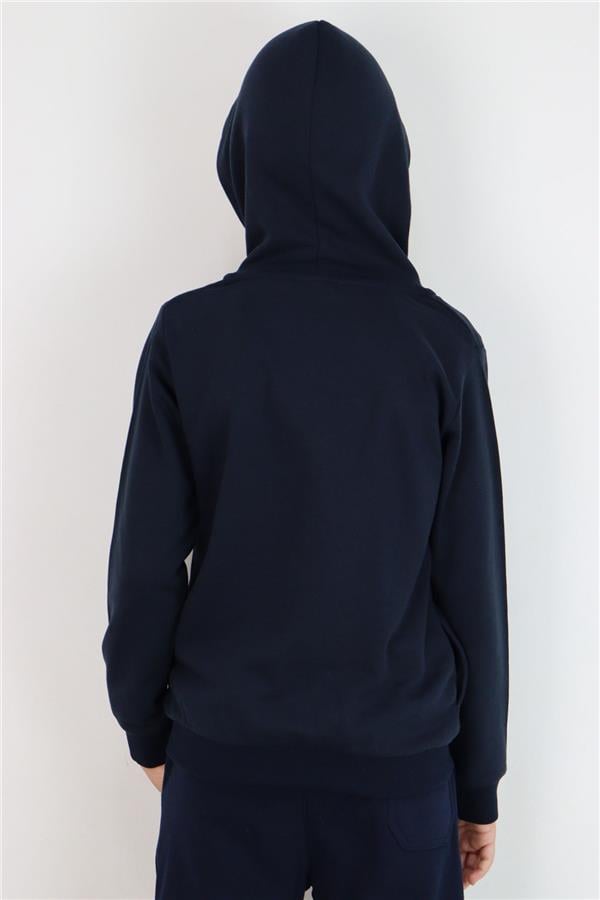 Boys' Hooded Cardigan with Emblem Detail and Zipper, Navy Blue (Ages 6-10)