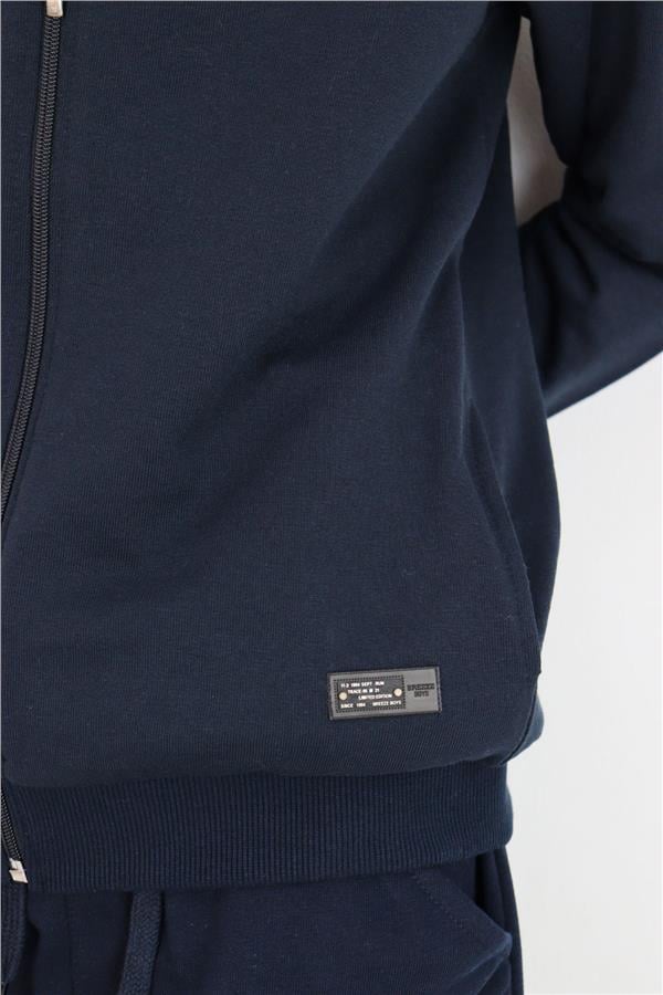 Boys' Hooded Cardigan with Emblem Detail and Zipper, Navy Blue (Ages 6-10)