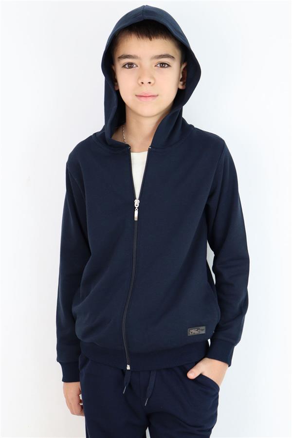 Boys' Hooded Cardigan with Emblem Detail and Zipper, Navy Blue (Ages 6-10)