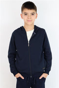 Boys' Hooded Cardigan with Emblem Detail and Zipper, Navy Blue (Ages 6-10)
