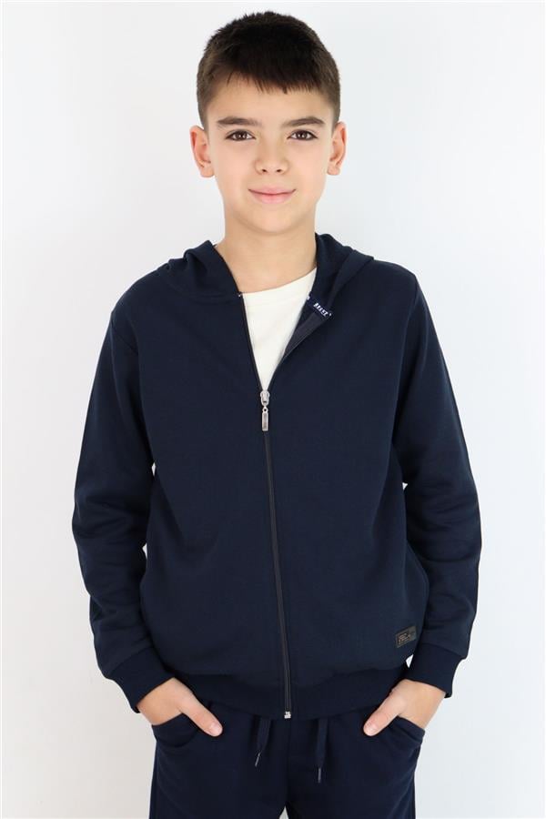 Boys' Hooded Cardigan with Emblem Detail and Zipper, Navy Blue (Ages 6-10)