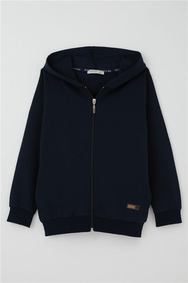 Boys' Hooded Cardigan with Emblem Detail and Zipper, Navy Blue (Ages 6-10)