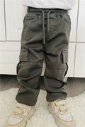 Boys' Cargo Pants with Pockets and Elastic Waistband, Khaki Green (1.5-5 Years)