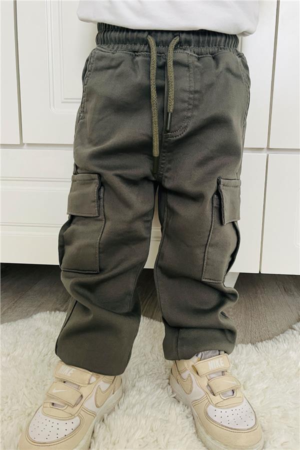 Boys' Cargo Pants with Pockets and Elastic Waistband, Khaki Green (1.5-5 Years)