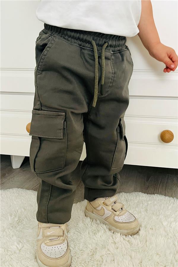Boys' Cargo Pants with Pockets and Elastic Waistband, Khaki Green (1.5-5 Years)