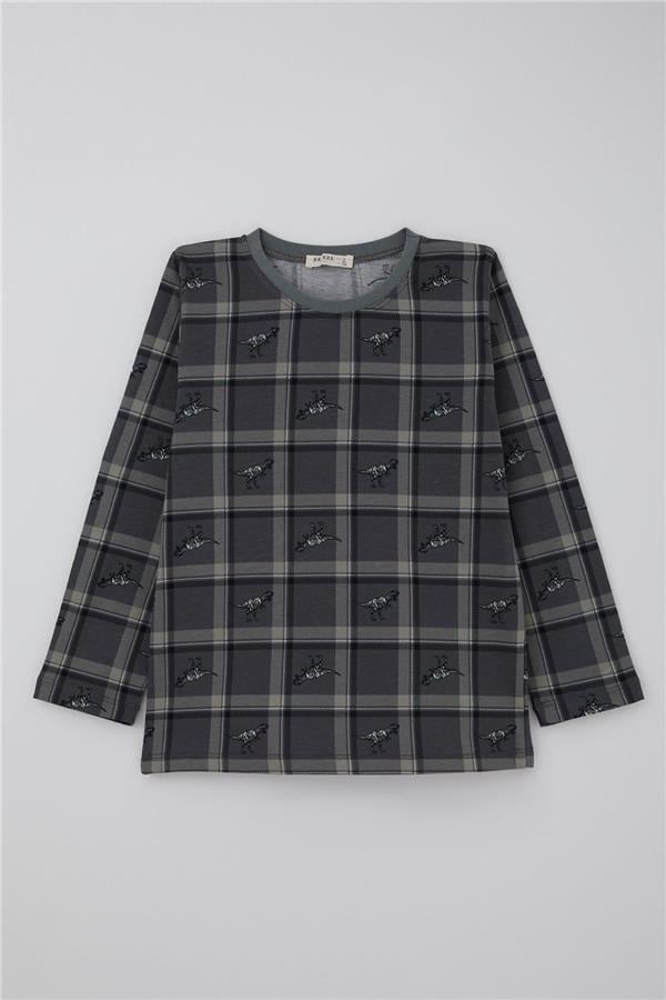 Boys' Pajama Set Dinosaur Kingdom Plaid Pattern Grey (Ages 4-8)