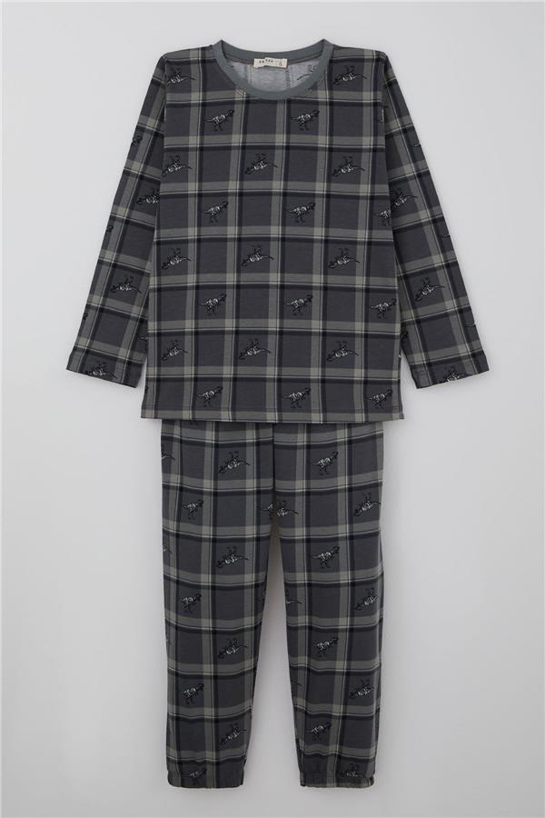 Boys' Pajama Set Dinosaur Kingdom Plaid Pattern Grey (Ages 4-8)