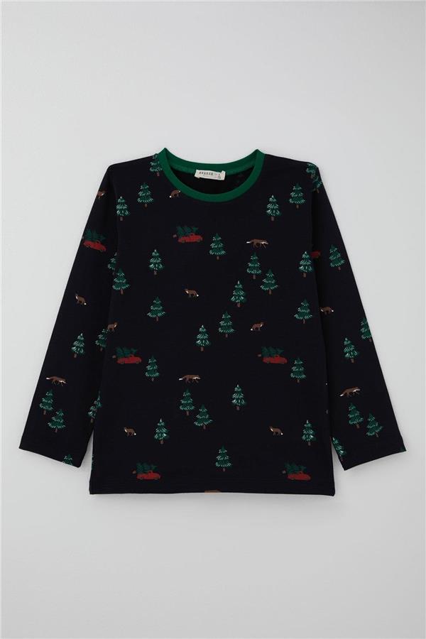 Boys' Pajama Set with Christmas Tree Design, Navy Blue (Ages 4-8)