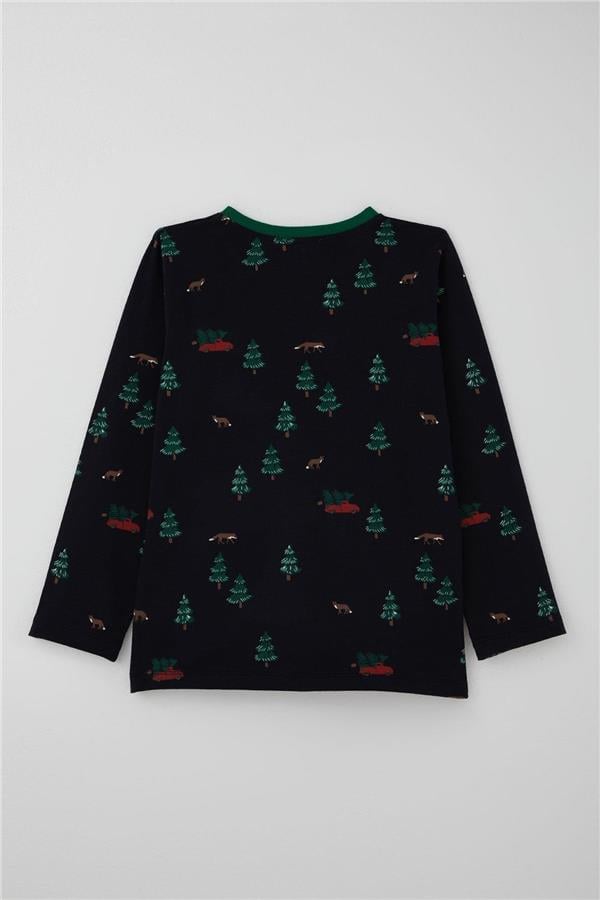 Boys' Pajama Set with Christmas Tree Design, Navy Blue (Ages 4-8)
