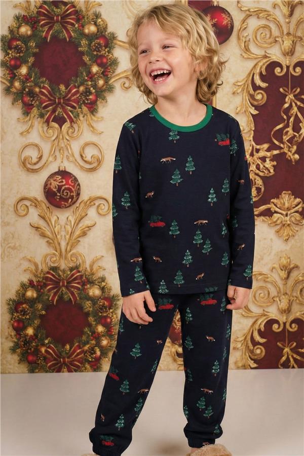 Boys' Pajama Set with Christmas Tree Design, Navy Blue (Ages 4-8)