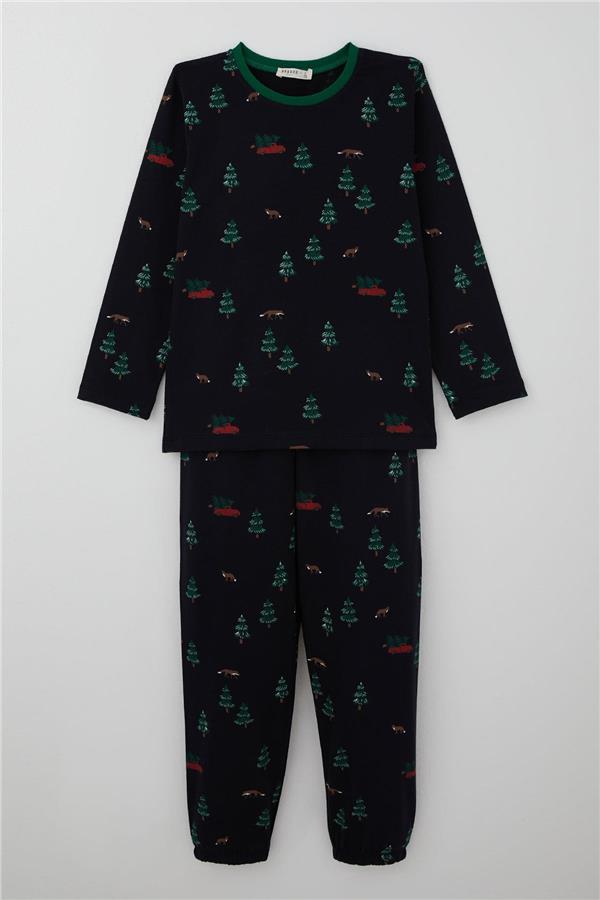 Boys' Pajama Set with Christmas Tree Design, Navy Blue (Ages 4-8)