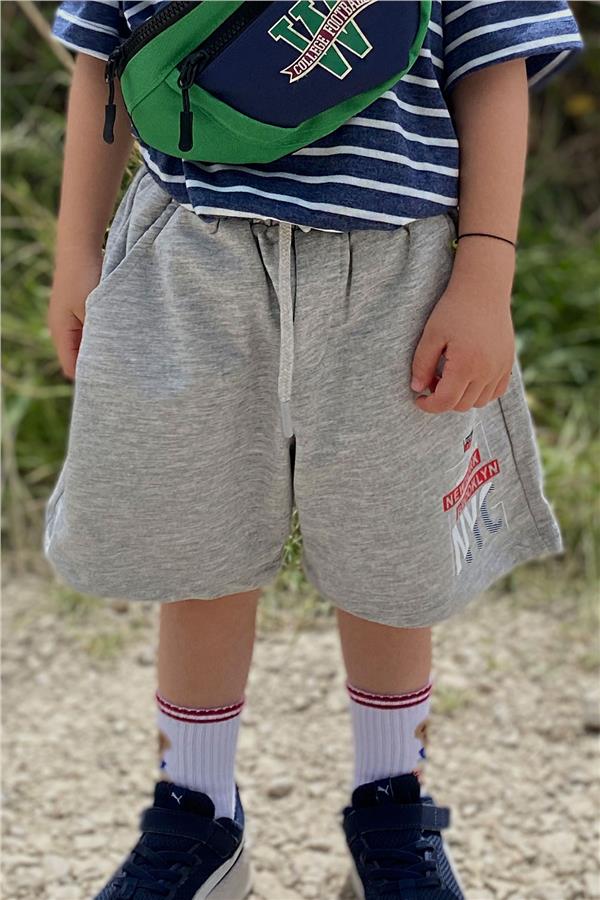Boys' Shorts with Printed Text, Drawstring, Pockets, Light Grey Melange (Ages 3-7)