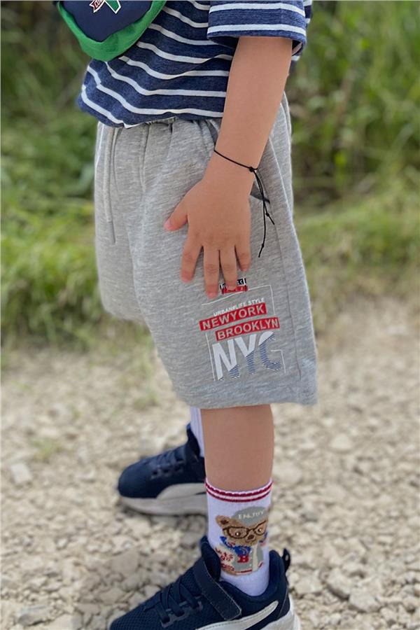Boys' Shorts with Printed Text, Drawstring, Pockets, Light Grey Melange (Ages 3-7)