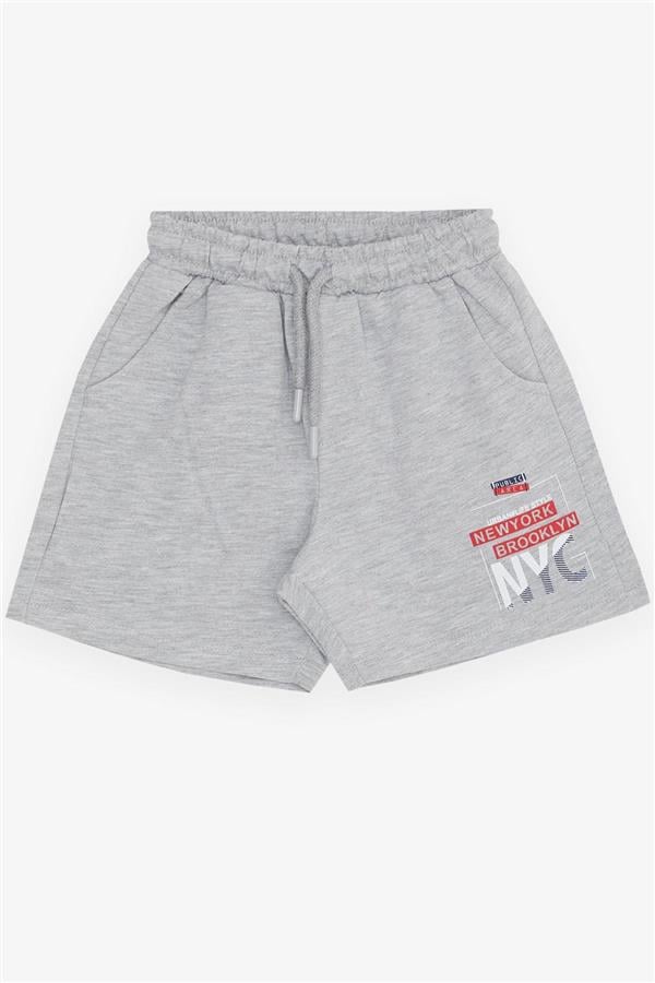 Boys' Shorts with Printed Text, Drawstring, Pockets, Light Grey Melange (Ages 3-7)