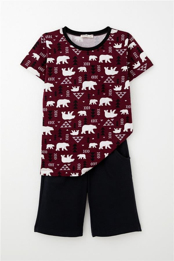 Boys' Shorts Pajama Set, Cute Polar Bear Design, Burgundy (Ages 4-8)