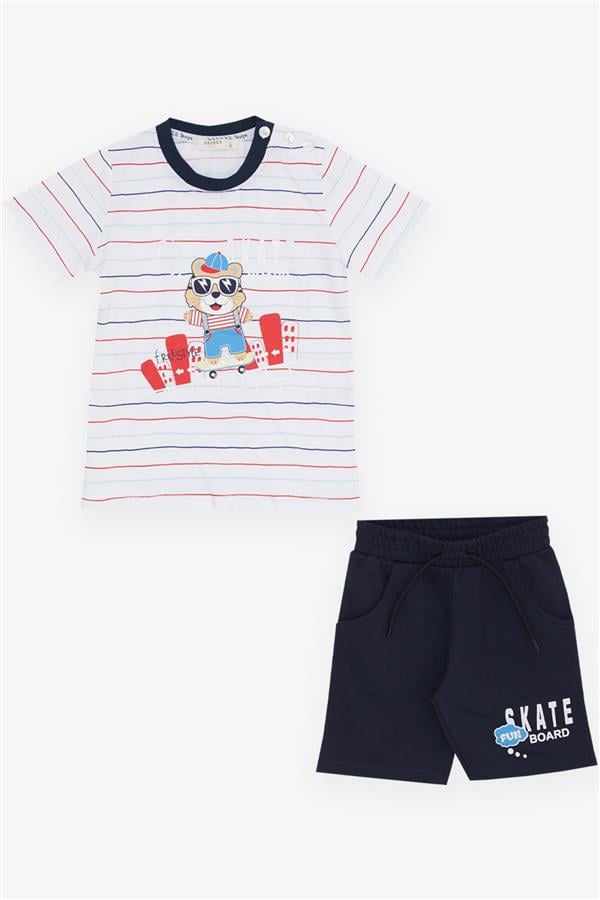 Boys' Striped Shorts Set with Cool Animal Print, White (1.5-5 Years)