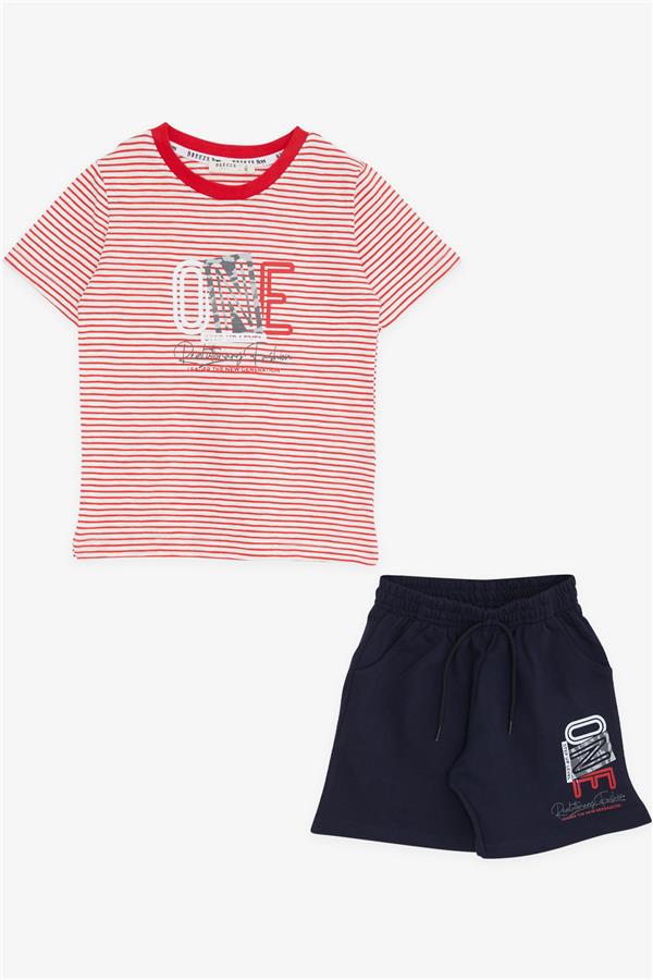 Boys' Striped Shorts Set with Text Print, Red (Ages 2-6)