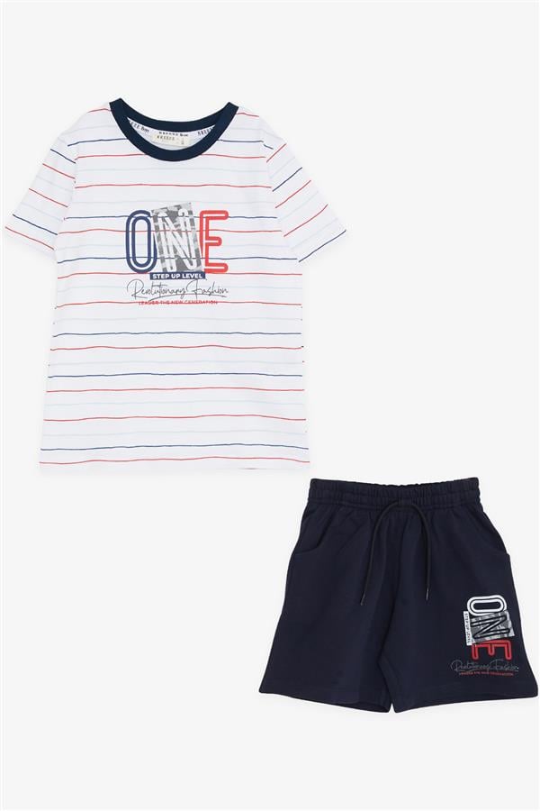 Boys' Striped Shorts Set with Text Print, White (Ages 2-6)