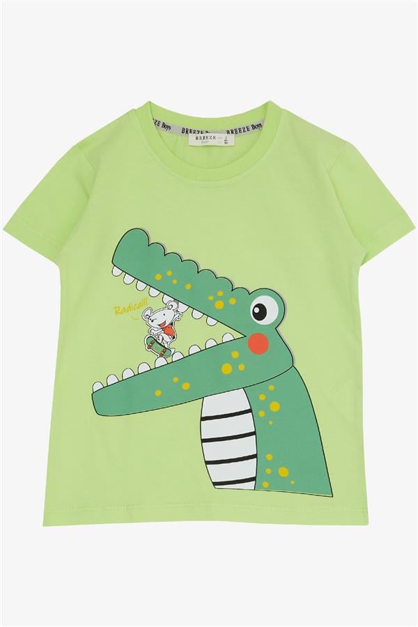 Boys' Shorts Set with Skateboarder Mouse & Cute Crocodile Print, Pistachio Green (Ages 2-6)