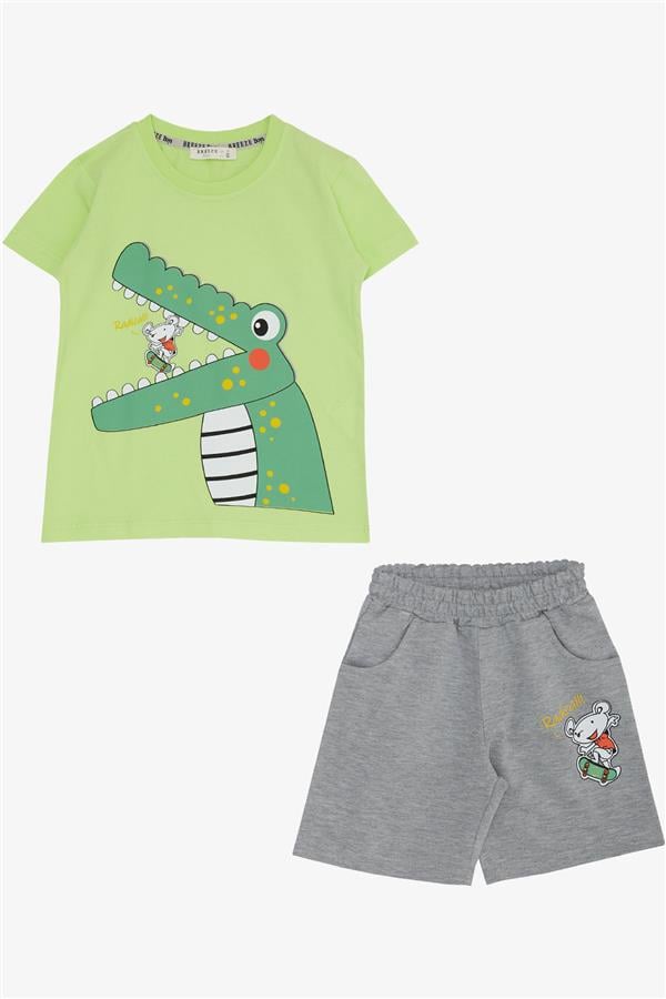 Boys' Shorts Set with Skateboarder Mouse & Cute Crocodile Print, Pistachio Green (Ages 2-6)