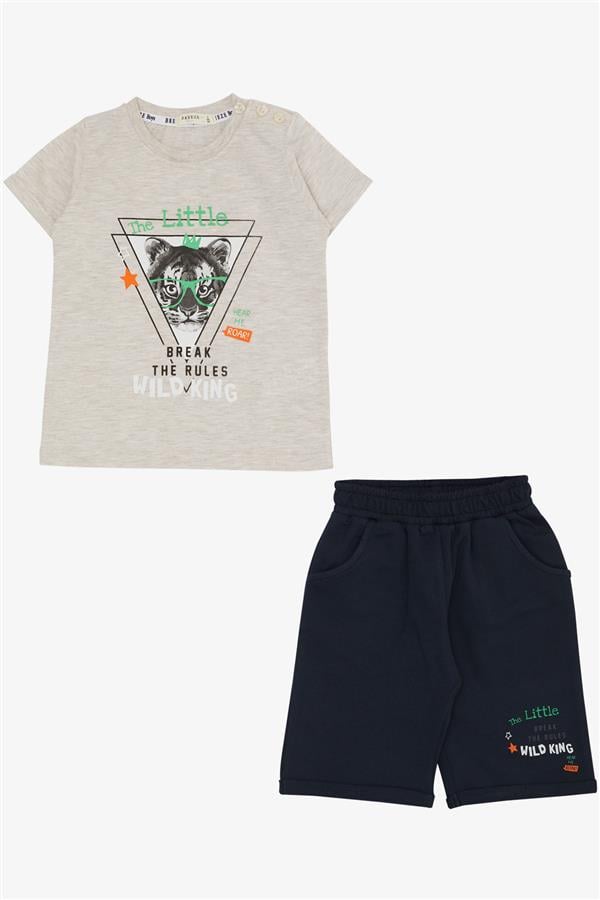 Boys' Shorts Set with King Lion Print, Beige Melange (Ages 1-4)