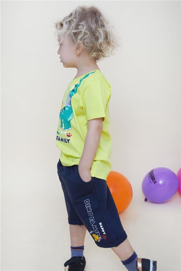 Boys' Shorts Set with Happy Dinosaur Family Print, Yellow (Ages 1-4)