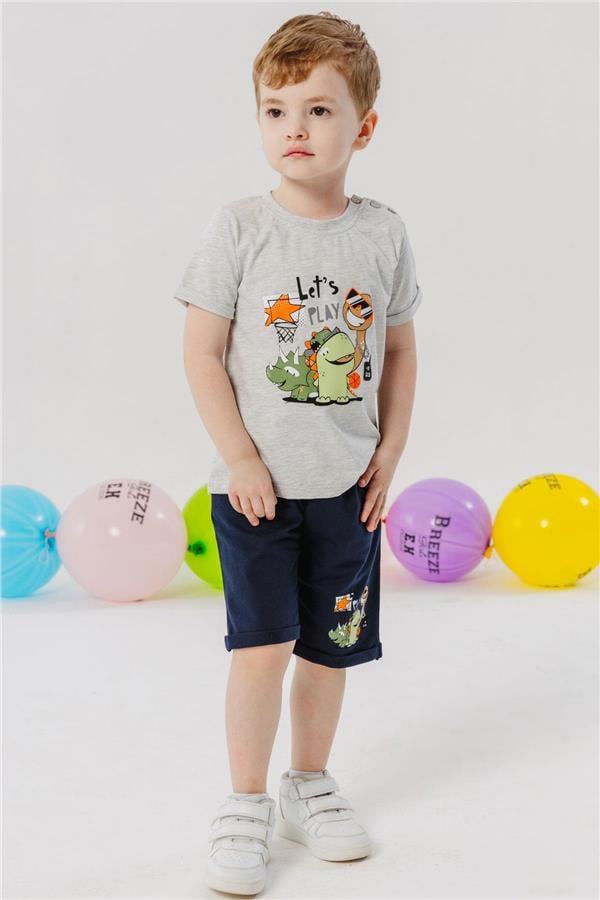Boys' Playtime Shorts Set with Happy Animals Print, Light Grey Melange (Ages 1-4)